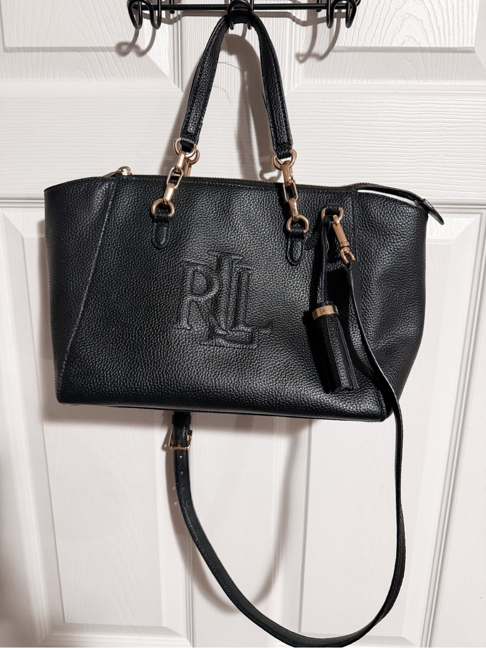 Lauren Ralph Lauren Black Pebbled Satchel with Gold-Tone Hardware